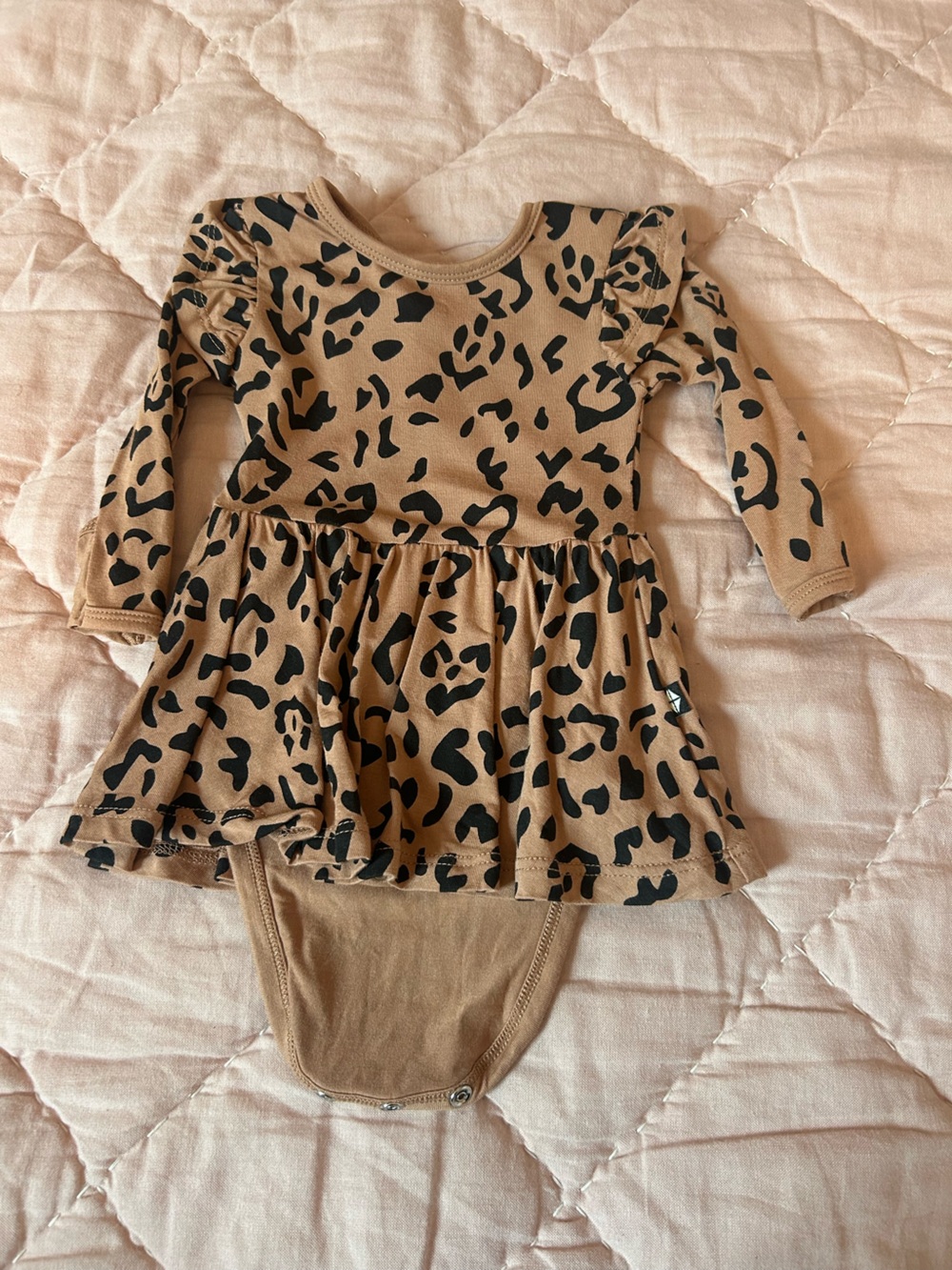 Kyte BABY Tan and Black Leopard Print Long-Sleeve Skirted Bodysuit